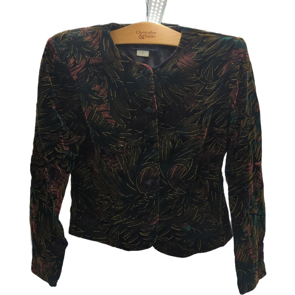 Norton McNaughton Petites Velvet Blazer Multi Color Metallic Leaf Jacket Size 6